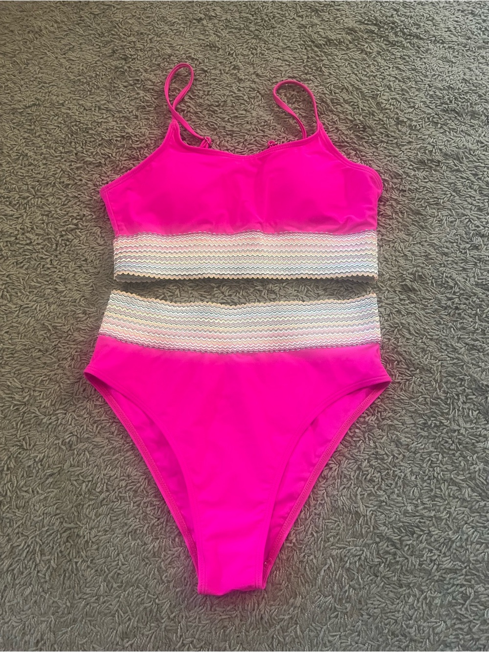Bright Pink two Piece Swimsuit with Striped Waist Panels